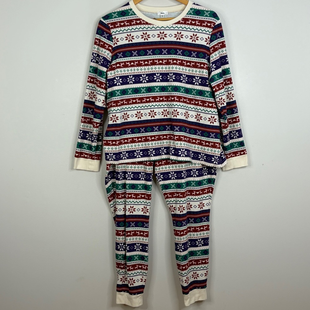 Knix Pajama Set Womens XXL Blue Green Fair Isle Cotton Jersey Joggers Pjs